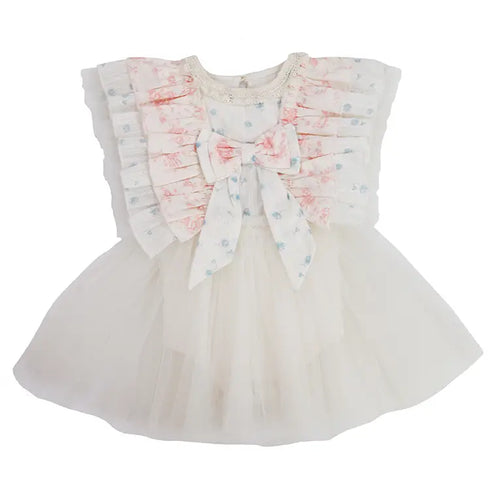 Daphne Toile Baby Girl Tulle Dress – Ruffle Collar Romper with Bow Detail 0-24M